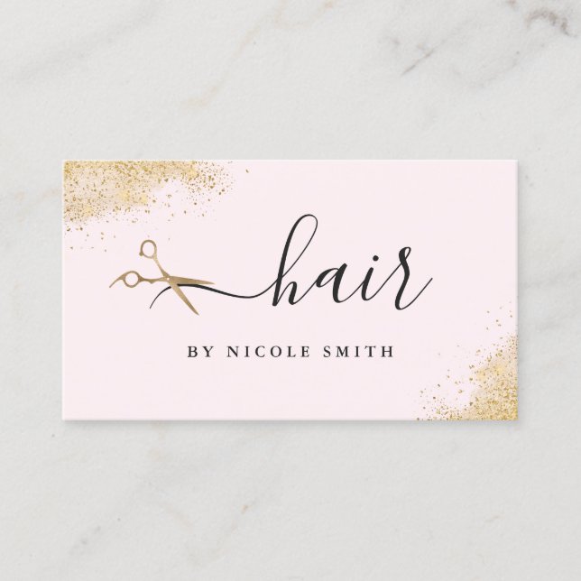 Elegant pink gold glitter scissors hair  business card (Front)