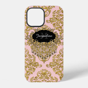 Elegant Pink Gold Glitter Scrolls Vintage Monogram iPhone 12 Case