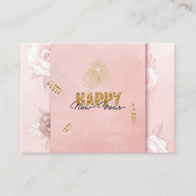 Elegant Pink & Gold Happy New Year Floral Card (Front)