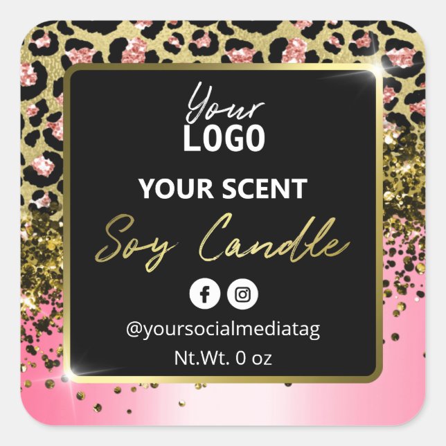 Elegant Pink Gold Leopard Skin Soy Candle Labels (Front)