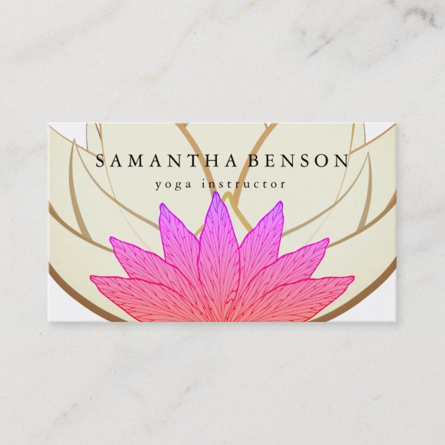 Elegant Pink & Gold Lotus Flower Logo Yoga Business Card (Front)
