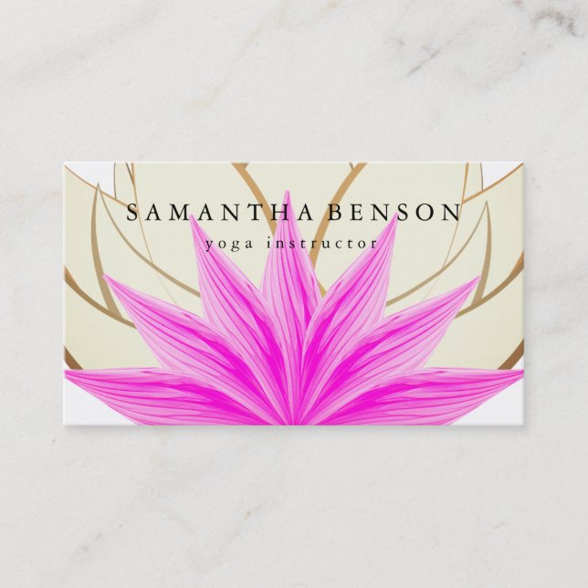 Elegant Pink & Gold Lotus Flower Logo Yoga Business Card (Front)