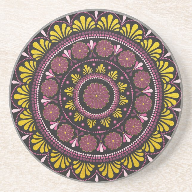 Elegant Pink Gold Mandala, Boho Zen Dot Art Flower Coaster (Front)