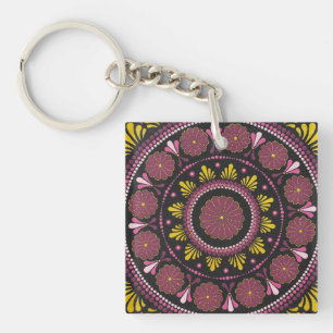 Elegant Pink Gold Mandala, Boho Zen Dot Art Flower Key Ring