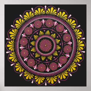 Elegant Pink Gold Mandala, Boho Zen Dot Art Flower Poster
