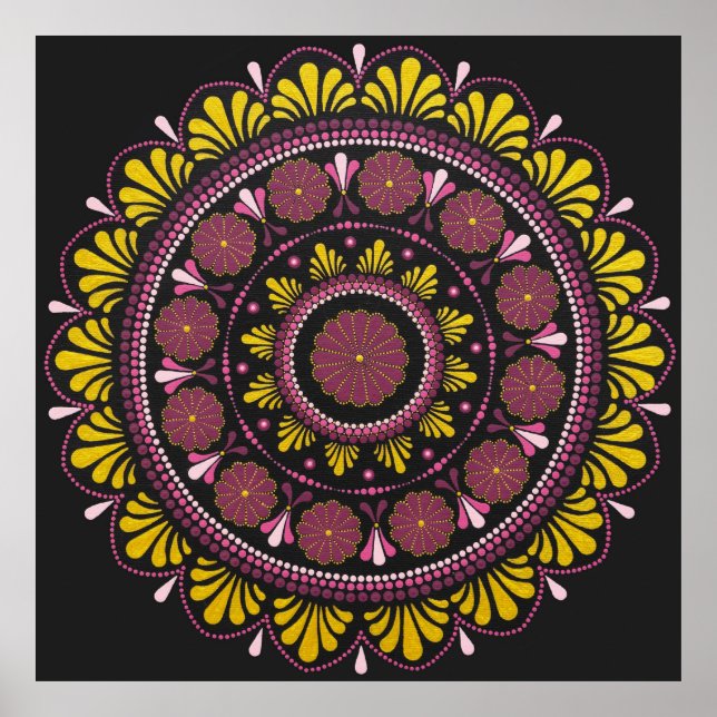 Elegant Pink Gold Mandala, Boho Zen Dot Art Flower Poster (Front)