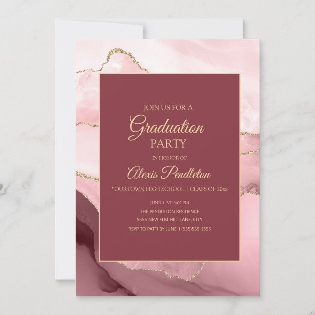 Elegant Pink Gold Marble Agate Graduation 5"X7" Invitation (Front)
