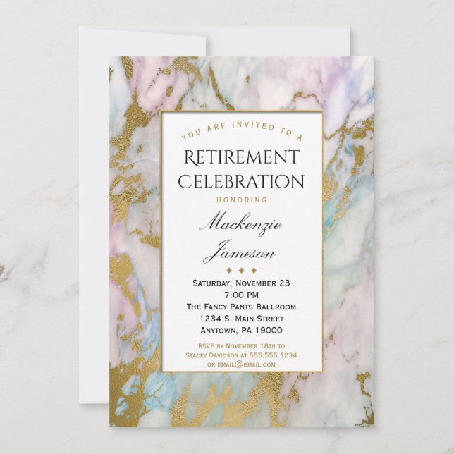 Elegant Pink Gold Marble Retirement Invitation (Front)