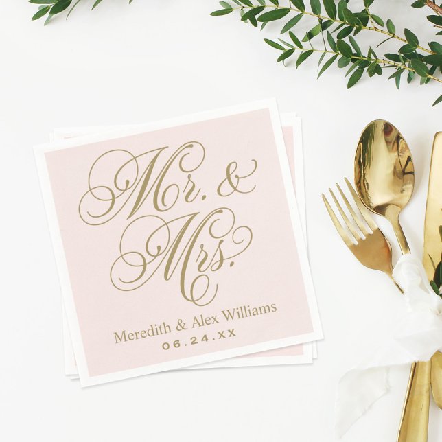 Elegant Pink Gold Mr and Mrs Script Monogram Napkin (Creator Uploaded)