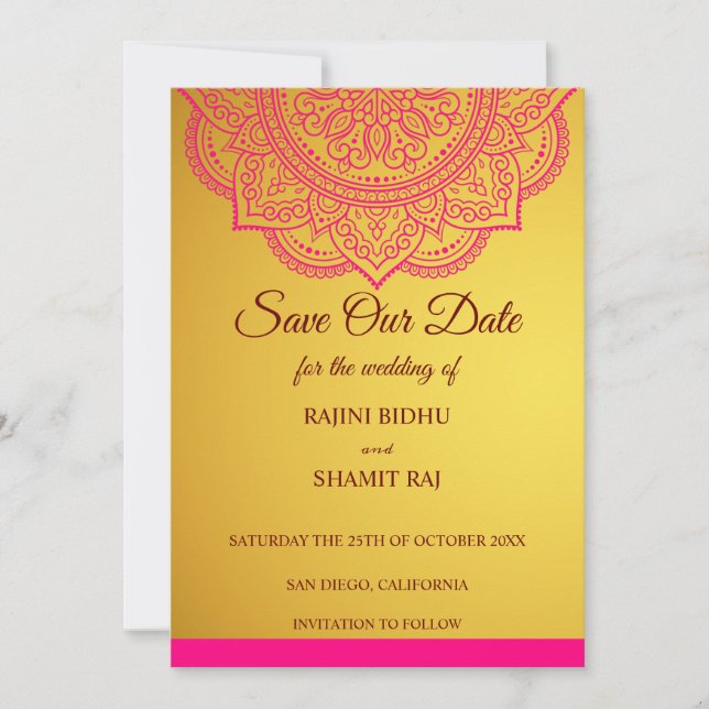 Elegant Pink Gold Paisley Indian Hindu Wedding  Sa Save The Date (Front)