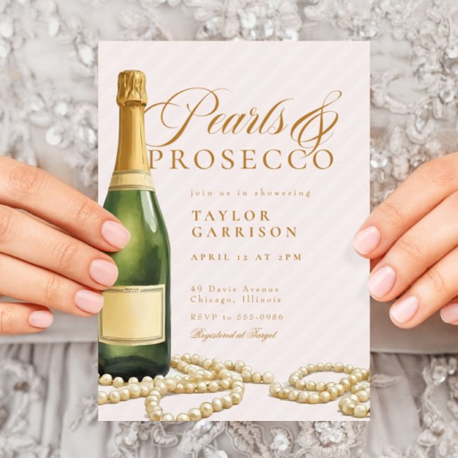 Elegant Pink Gold Pearls & Prosecco Bridal Shower Invitation (Creator Uploaded)