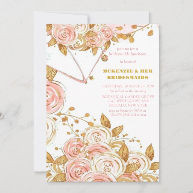 Elegant Pink Gold Peony Floral Bridesmaids Lunch Invitation (Front)