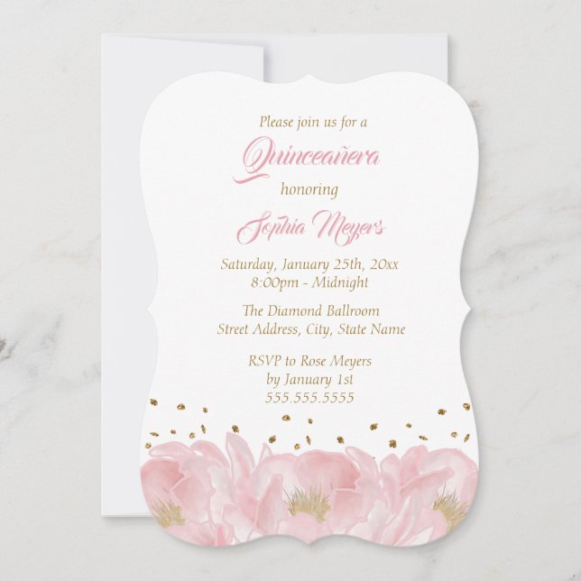 Elegant Pink Gold Peony Quinceanera Invitation (Front)