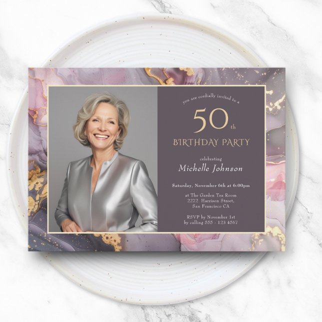 Elegant Pink Gold Photo 50th Birthday Invitation (Elegant Pink Gold Photo 50th Birthday Invitation)