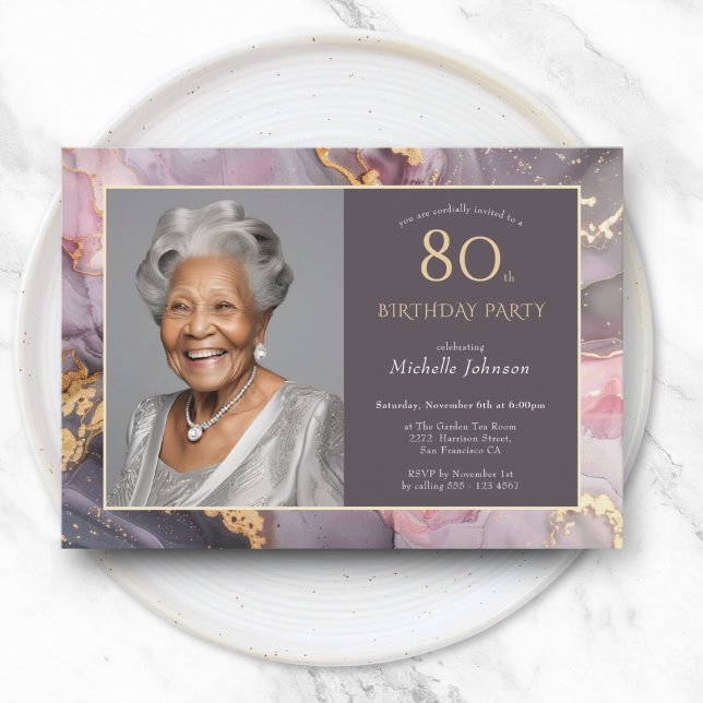 Elegant Pink Gold Photo 80th Birthday Invitation (Elegant Pink Gold Photo 80th Birthday Invitation)