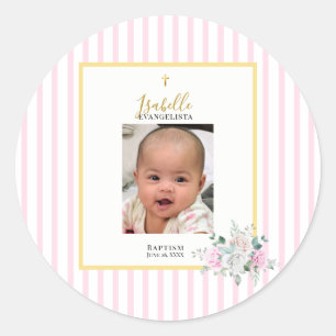 Elegant Pink Gold Photo Baptism Classic Round Sticker