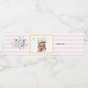 Elegant Pink Gold Photo Baptism Water Bottle Label