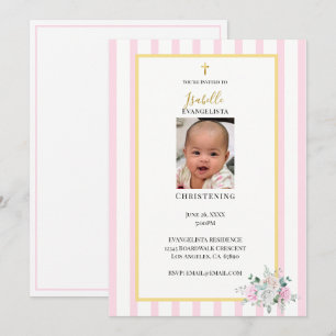 Elegant Pink Gold Photo Christening Invitation
