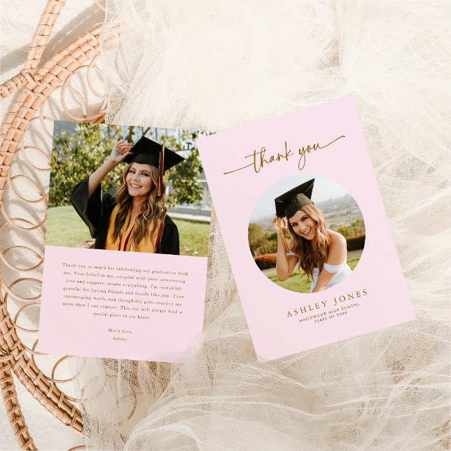 Elegant Pink & Gold Photo Graduation Party Thank You Card (Creator Uploaded)