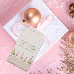 Elegant Pink Gold Pine Tree Merry Christmas Gift Tags