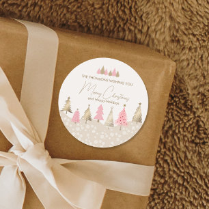 Elegant Pink Gold Pine Tree Winter Party Classic Round Sticker