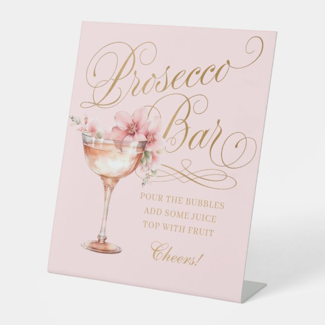Elegant Pink Gold Prosecco Bar Pedestal Sign (Front)
