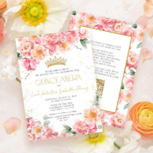 Elegant Pink Gold QR Code Floral Quinceañera Invitation