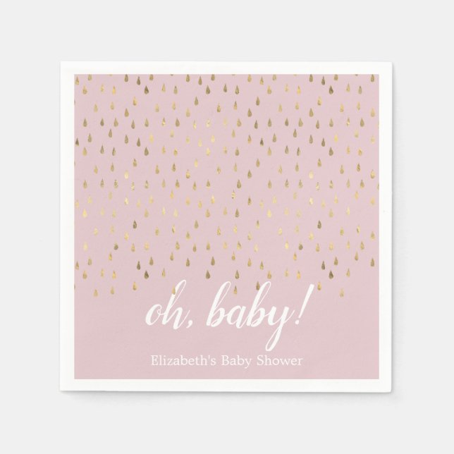 Elegant Pink & Gold Raindrops Baby Shower Napkin (Front)