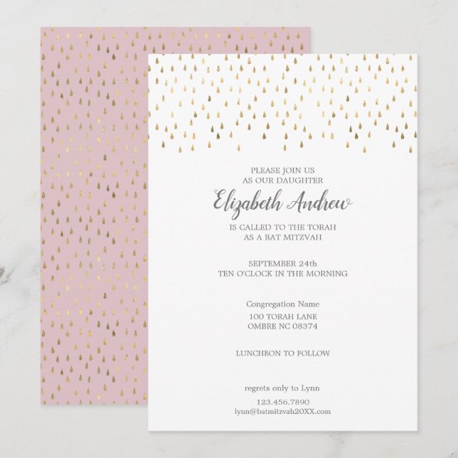 Elegant Pink & Gold Raindrops Bat Mitzvah Invitation (Front/Back)