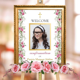 Elegant Pink Gold Rose Confirmation Welcome Sign