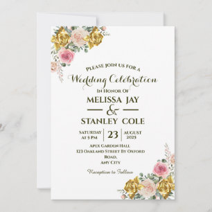 Elegant Pink, Gold Rose Eucalyptus Floral Wedding Invitation