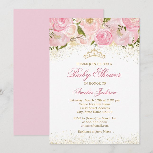 Elegant Pink Gold Rose Girl Baby Shower Invitation (Front/Back)