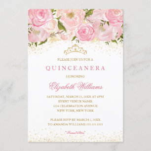 Elegant Pink Gold Rose Quinceanera Invitation
