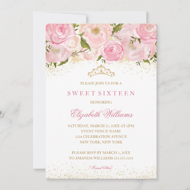 Elegant Pink Gold Rose Sweet Sixteen Invitation (Front)