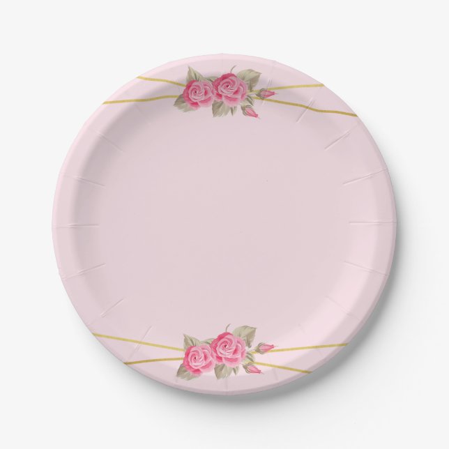 Elegant Pink & Gold Roses Baby Shower Paper Plate (Front)