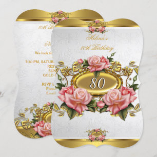Elegant Pink Gold Roses White 80th Birthday 2 Invitation