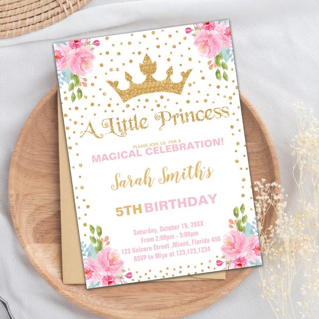 Elegant Pink & Gold Royal Party Card (Glitter Crown Princess Birthday Invitations)
