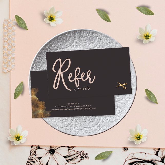 Elegant Pink Gold Scissors Hair Stylist Customer Referral Card (Front and Back)