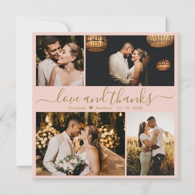 Elegant Pink Gold Script Photo Collage Wedding Thank You Card (Front)