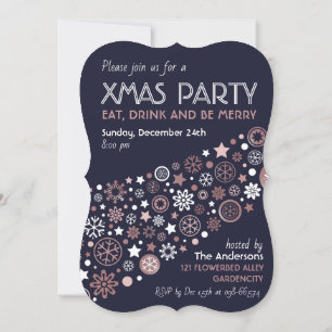 Elegant Pink Gold Snowflakes Xmas Party Invitation