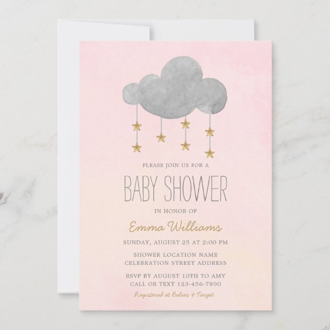 Elegant Pink Gold Stars Girl Baby Shower Invitation (Front)