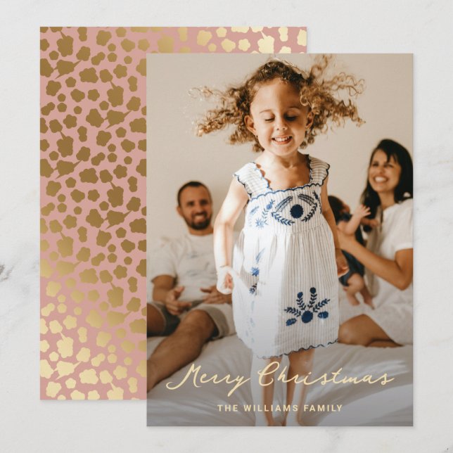 Elegant Pink Gold Stars Script Photo Christmas Holiday Card (Front/Back)