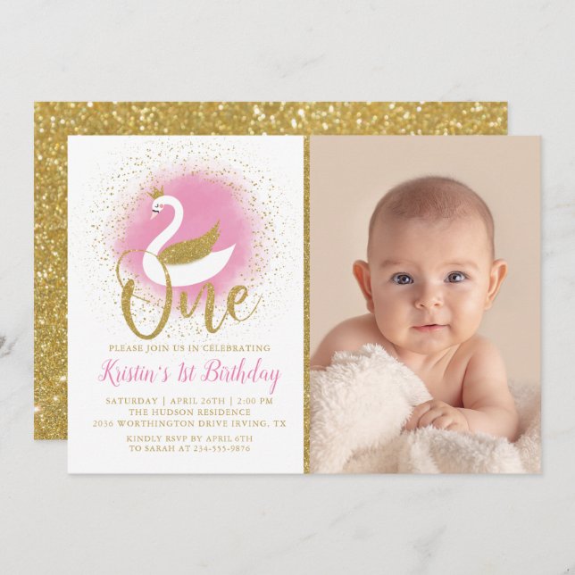 Elegant Pink Gold Swan Princess 1st Birthday Photo Invitation (Front/Back)