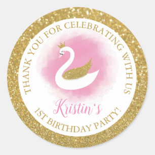 Elegant Pink Gold Swan Princess Girl Birthday Classic Round Sticker