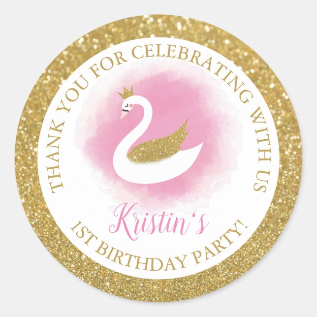 Elegant Pink Gold Swan Princess Girl Birthday Classic Round Sticker (Front)