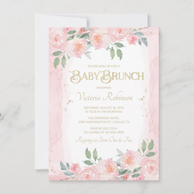 Elegant Pink Gold Watercolor Floral Baby Brunch Invitation (Front)