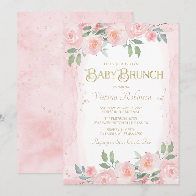 Elegant Pink Gold Watercolor Floral Baby Brunch Invitation (Front/Back)