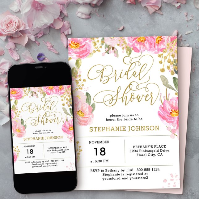 Elegant Pink Gold Watercolor Floral Bridal Shower Invitation (Bridal Shower invitation from my Pink and Gold Watercolor Floral Collection
)
