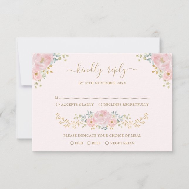 Elegant Pink Gold Watercolor Floral Wedding RSVP Card (Front)