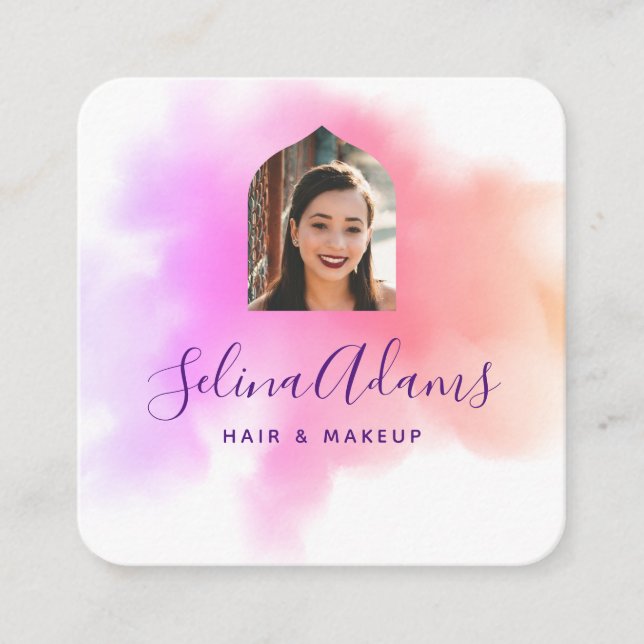 Elegant Pink Gold Watercolor Photo Abstract Square Business Card (Front)